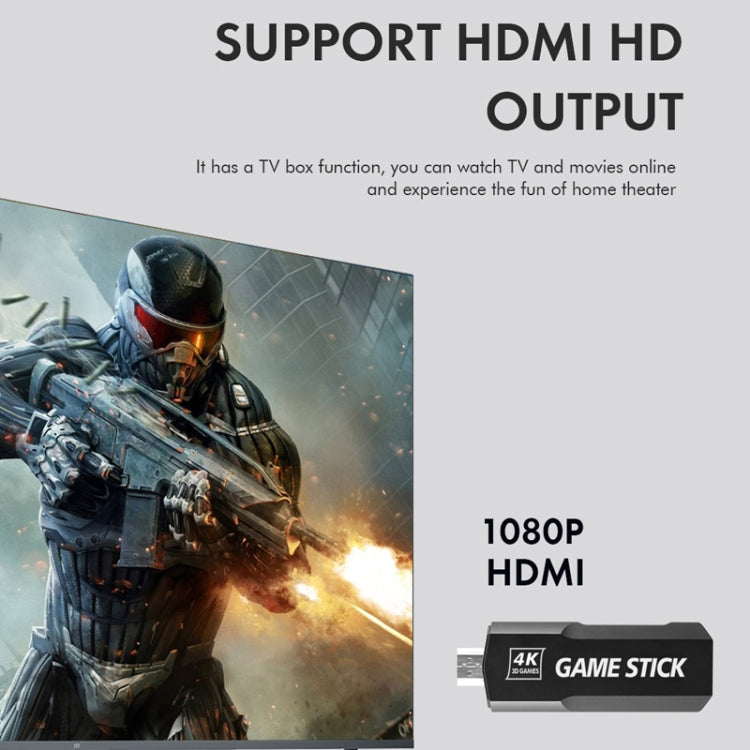 Black 4K Game Stick TV console supporting HDMI output, shown as a small device