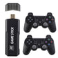 Black 4K Game Stick USB console beside two gamepads with colorful button icons