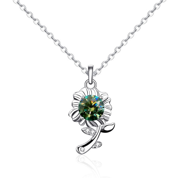 Silver sunflower pendant necklace with green round gemstone and leaf-shaped accents