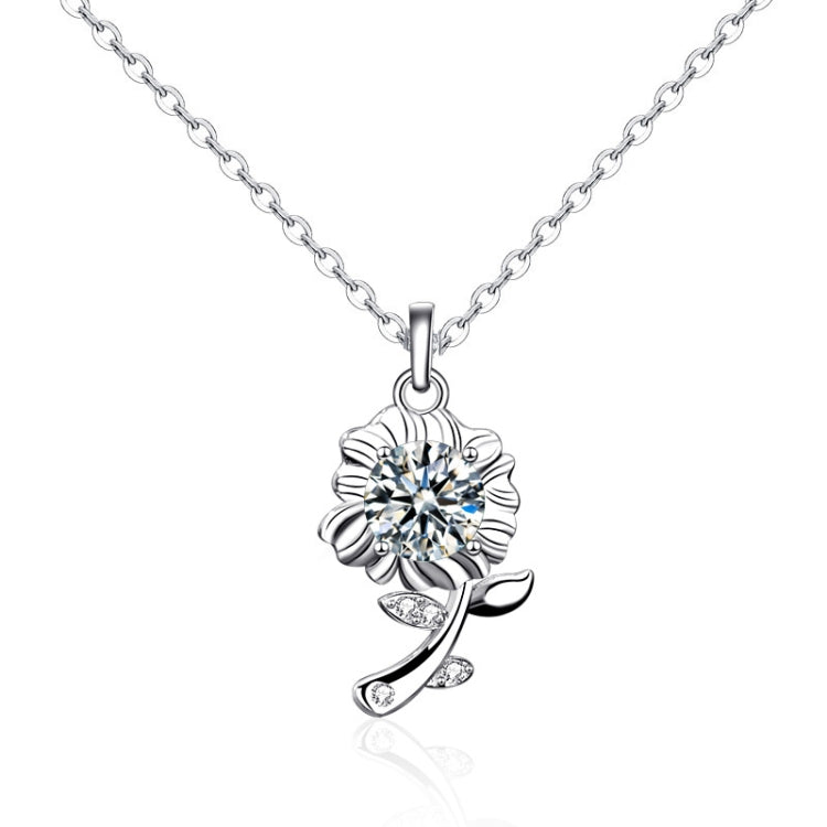Silver sunflower pendant necklace with white round center stone and spiral leaf details