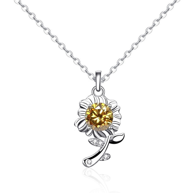 Silver sunflower pendant necklace with champagne yellow round gemstone and leaf accents