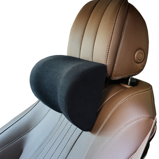 U-shaped car headrest with dark gray memory-foam insert and brown adjustable bracket