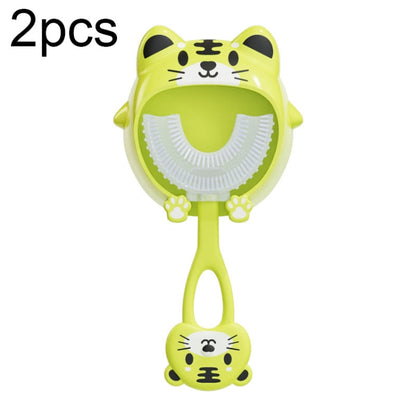 Green tiger-shaped silicone manual toothbrush, U-shaped bristle head for kids