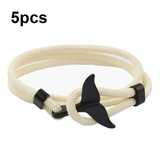 Beige braided rope bracelet with black whale-tail buckle and adjustable loop