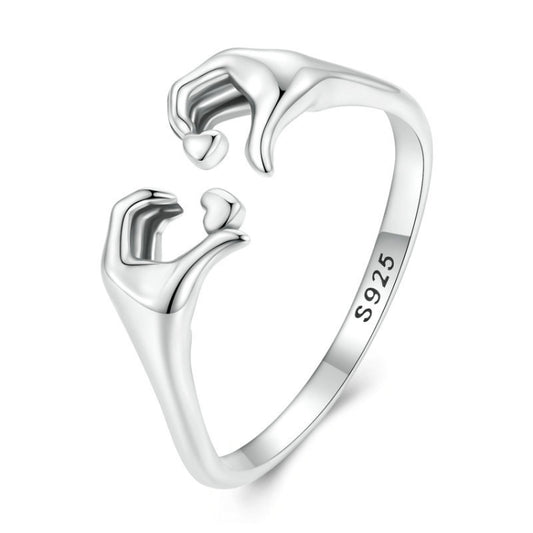 Sterling silver S925 heart gesture open ring, polished band with heart hands detail