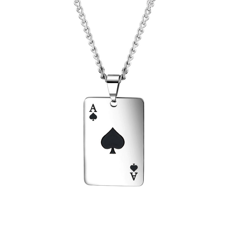 Poker card pendant necklace with black A spade and spade/heart symbols on silver tag