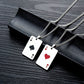 Poker pendant necklace with card-shaped pendants on silver chains, black and red suit designs