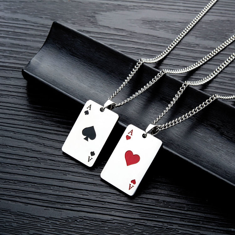 Poker pendant necklace with card-shaped pendants on silver chains, black and red suit designs