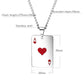 Poker pendant necklace dimensions: 30mm pendant, 20mm width, 570mm+50mm chain