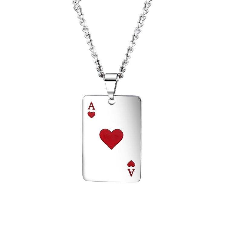 Poker card pendant necklace with red A heart, heart, and diamond symbols on silver tag
