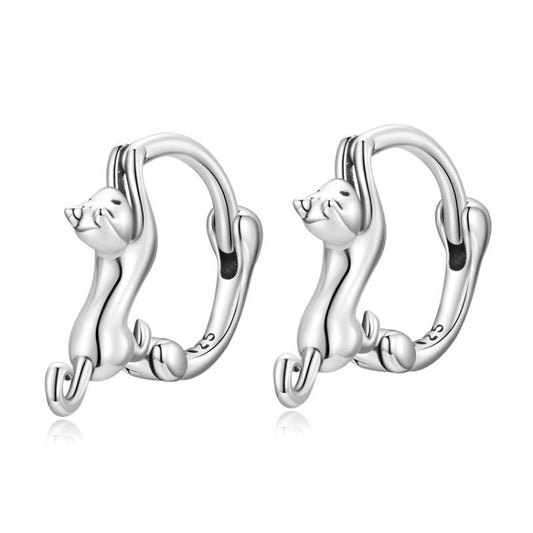 Cat hoop earrings in sterling silver with dangling cat charm detail