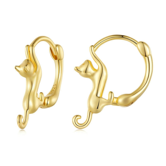 Cat hoop earrings in gold-tone with hanging cat charm detail