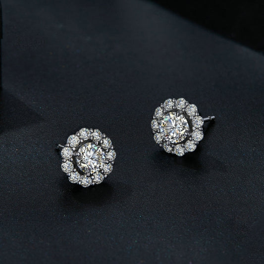 Sterling silver round moissanite halo stud earrings, close-up front pair