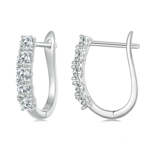 Sterling silver U-shaped hoop earrings with three rows of sparkling moissanite