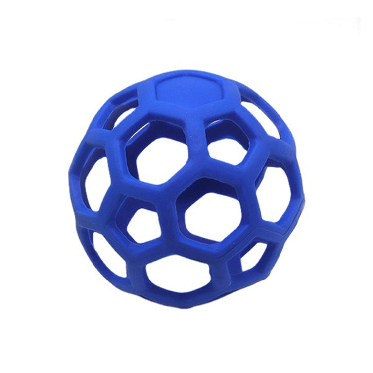 Blue hollow rubber dog ball with geometric lattice cutouts for chewing and play