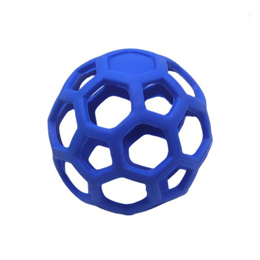 Blue hollow rubber dog ball with geometric lattice cutouts for chewing and play