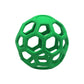 Green hollow rubber dog ball with geometric lattice cutouts for chewing and play