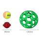 Rubber dog toy balls: green hollow lattice, yellow paw print, red bell style