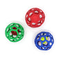 Lattice rubber dog ball toys in red, green, and blue with hex cutout pattern