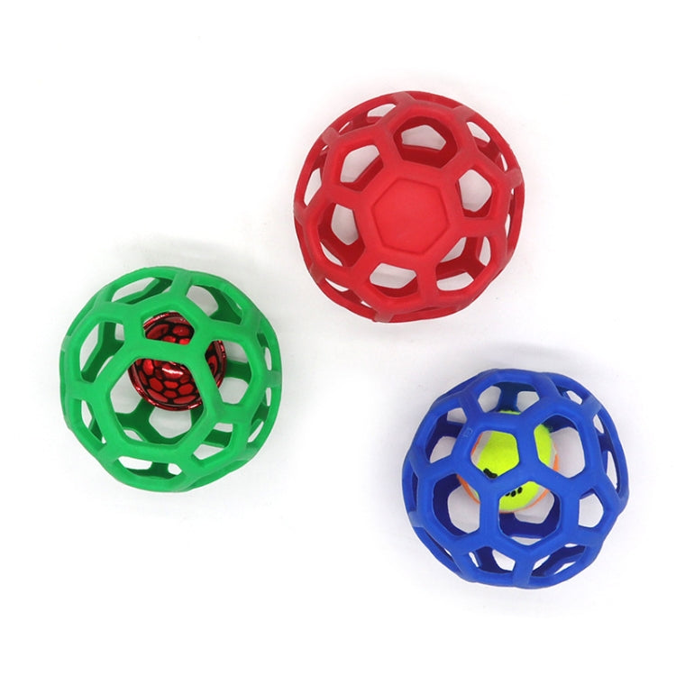 Lattice rubber dog ball toys in red, green, and blue with hex cutout pattern