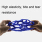 Blue hollow lattice rubber dog ball stretched between two hands