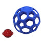 Blue hollow rubber dog ball with geometric lattice cutouts and a small red bell toy