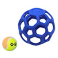 Blue hollow rubber dog ball with geometric lattice cutouts and a yellow paw tennis ball