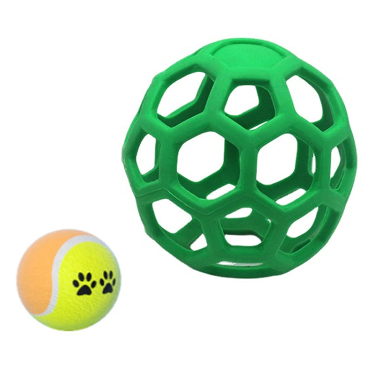 Green hollow rubber dog ball with geometric lattice cutouts and a yellow paw tennis ball