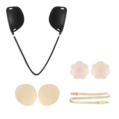 Silicone nipple sticker push-up bra kit with adjustable U-shaped straps and skin/black pads