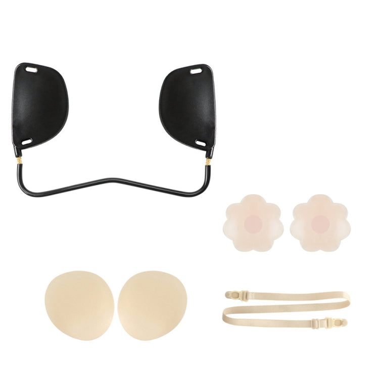 Silicone nipple sticker push-up bra kit with U-shaped black band, skin pads, and beige straps