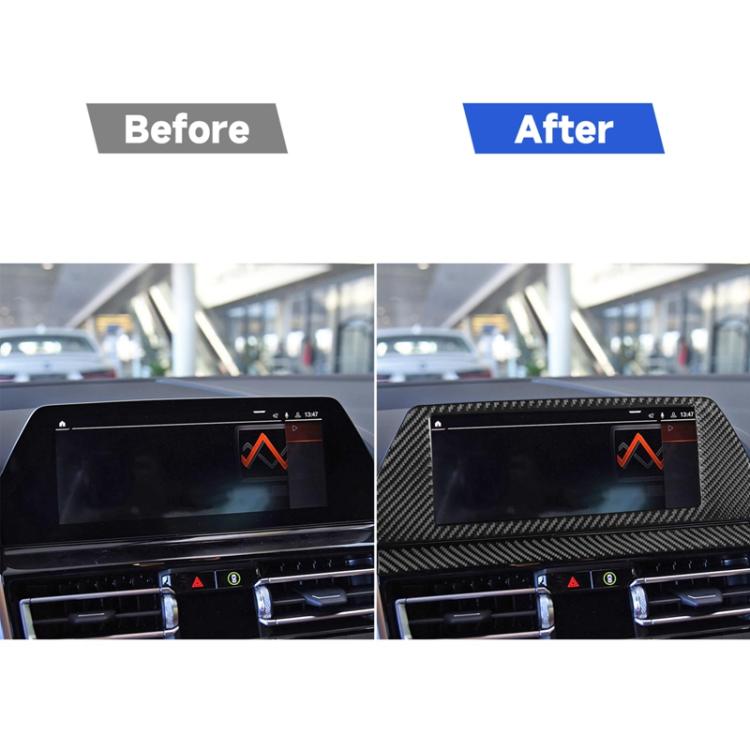 Black carbon-fiber navigation screen frame sticker installed, before and after view