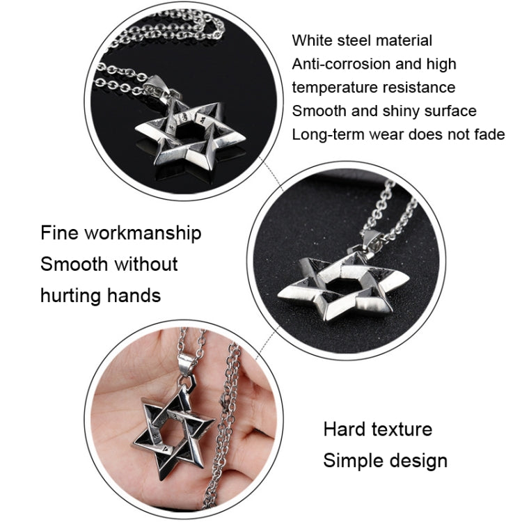 Six-point star pendant necklace with glossy silver stainless chain close-up