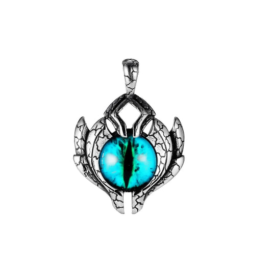 Men's demon eye pendant necklace with blue eye cabochon and claw-like metal setting