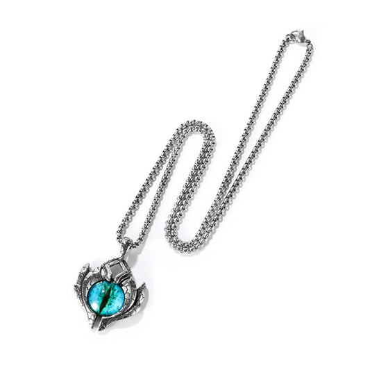Blue demon eye pendant necklace with silver-tone chain, angled view