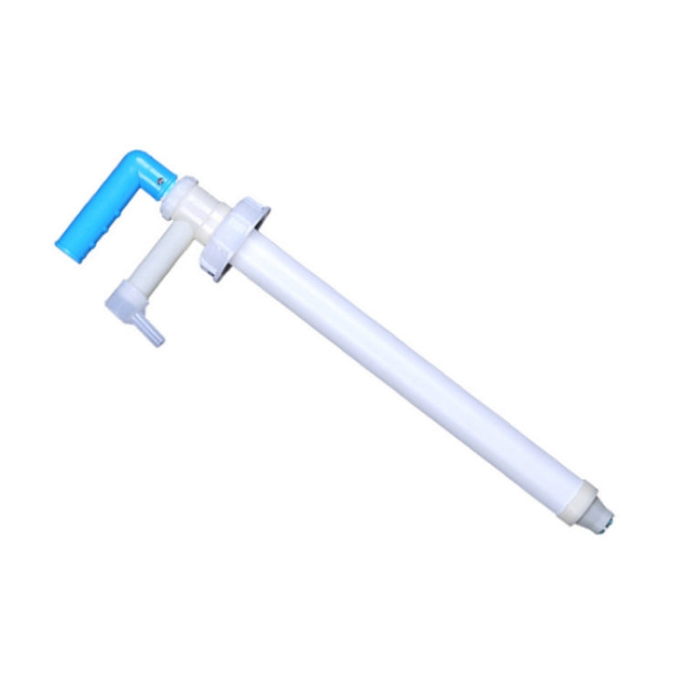 Manual oil extractor pump with white tube, blue lever handle, and outlet spout