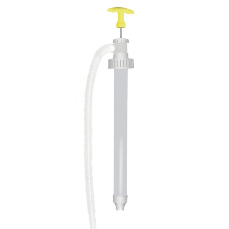 Manual oil extractor pump with yellow handle and flexible siphon hose, white plastic body