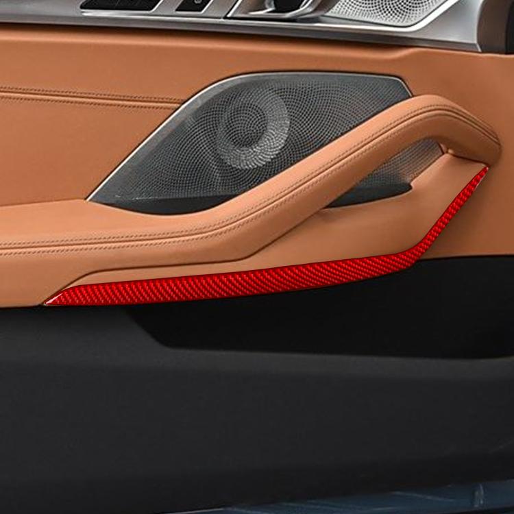 Inner door armrest trim stickers, red carbon-fiber style installed along door pull
