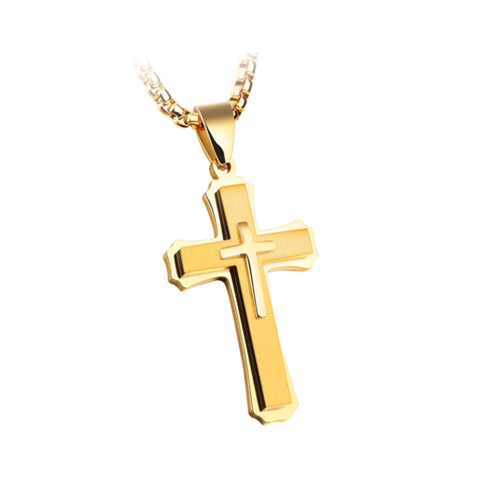 Gold-tone cross pendant necklace with three-link chain layering, smooth gold cross