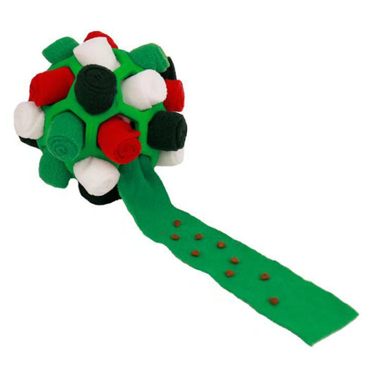 Green plush dog sniffing ball with long green treat-feeding strip and small kibble pieces