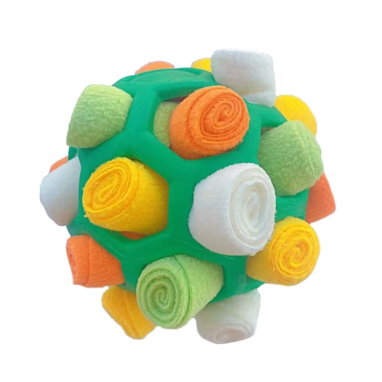 Green and yellow plush dog sniffing ball with white and orange felt spiral accents