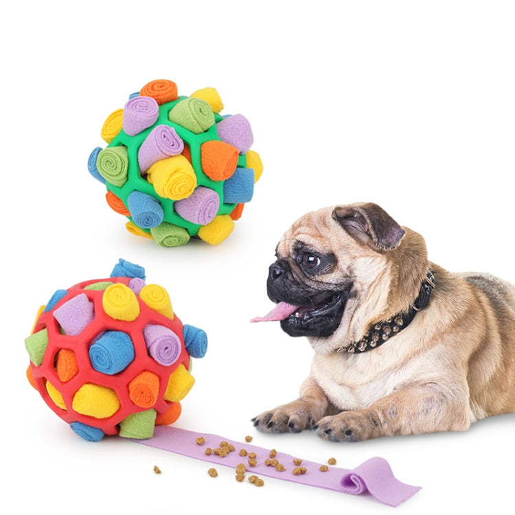 Two multicolor plush dog sniffing balls with purple treat-feeding strip and small kibble