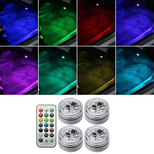 Wireless LED car atmosphere lights with remote and four silver round LED pods