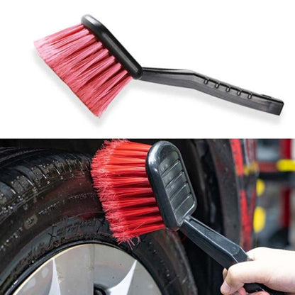 Soft car tire cleaning brush with long red bristles and black handle