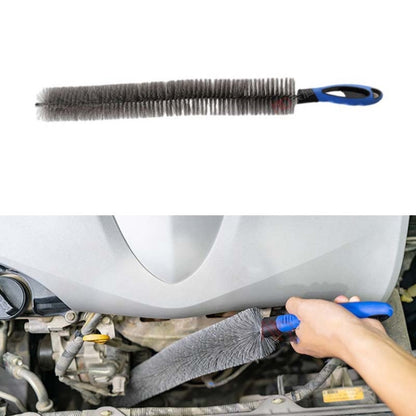 Long car cleaning brush with gray bristles and blue curved handle