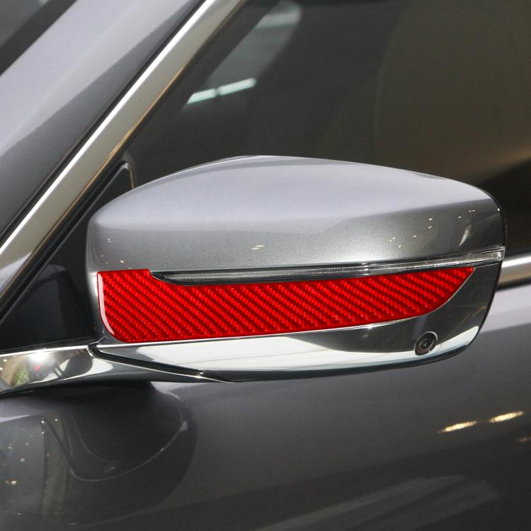 Installed red carbon-fiber look rearview mirror strip on car door mirror, LHD