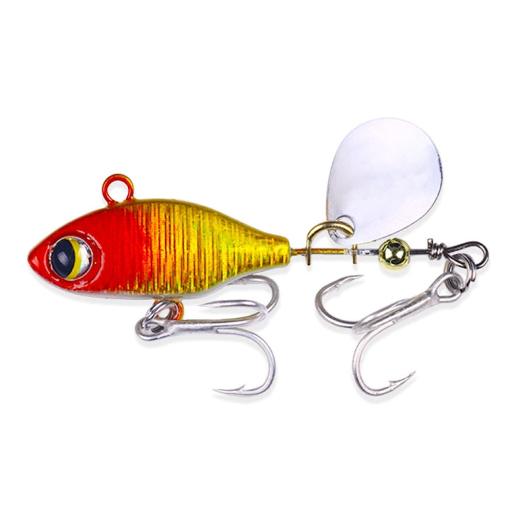 Sequin fishing lure with red/yellow body, white spinner blade, twin treble hooks