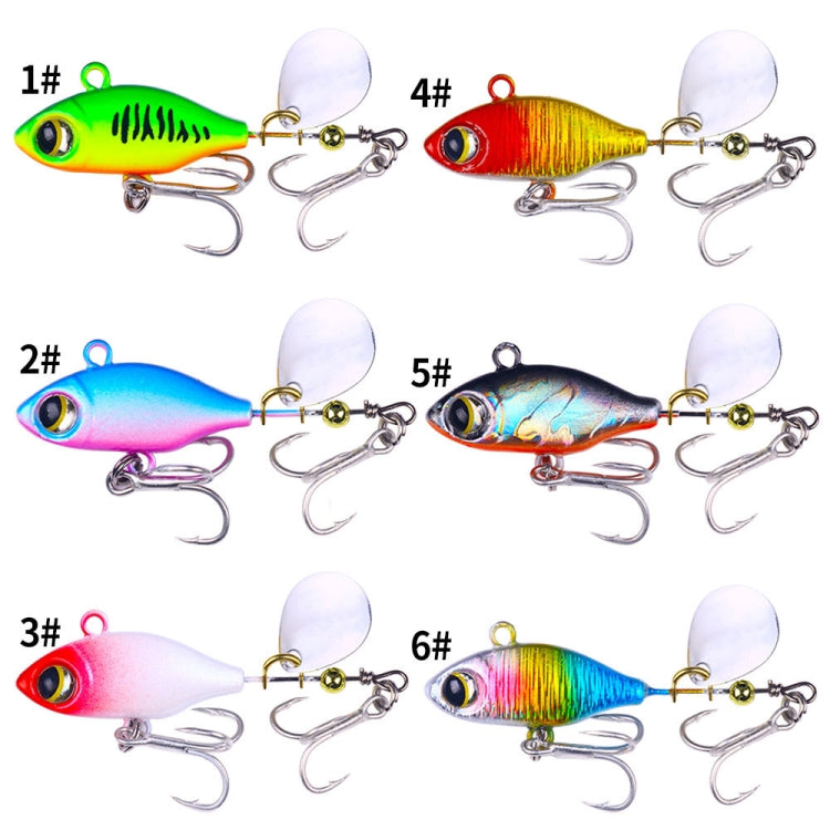 Six sequin fishing lures with spinner blades and treble hooks in green, red, blue, pink, rainbow