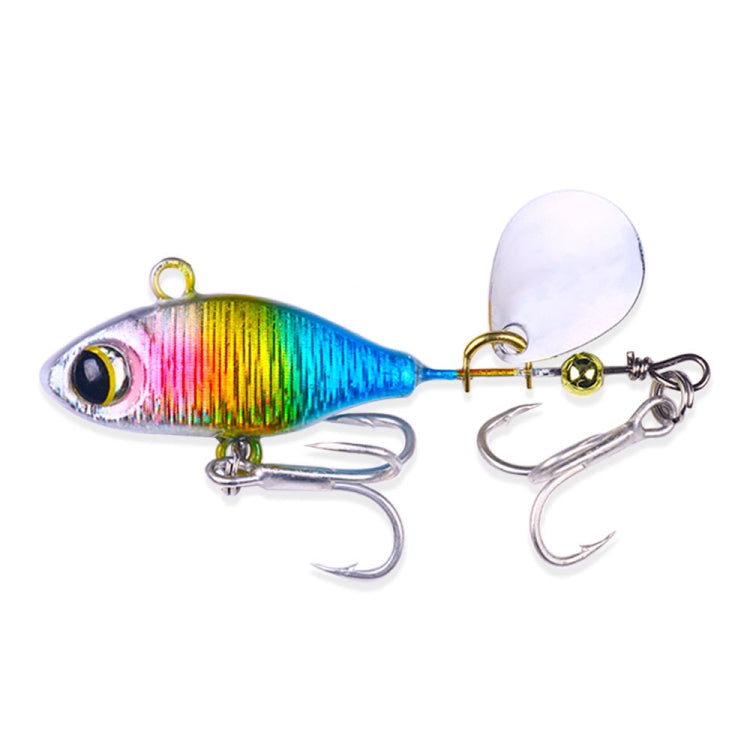 Sequin VIB fishing lure with multicolor rainbow body, silver treble hooks, and white spinner blade