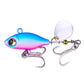 Sequin VIB fishing lure with blue-pink body, silver treble hooks, and white spinner blade