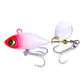Sequin VIB fishing lure with pink body and red head, silver treble hooks, and white spinner blade